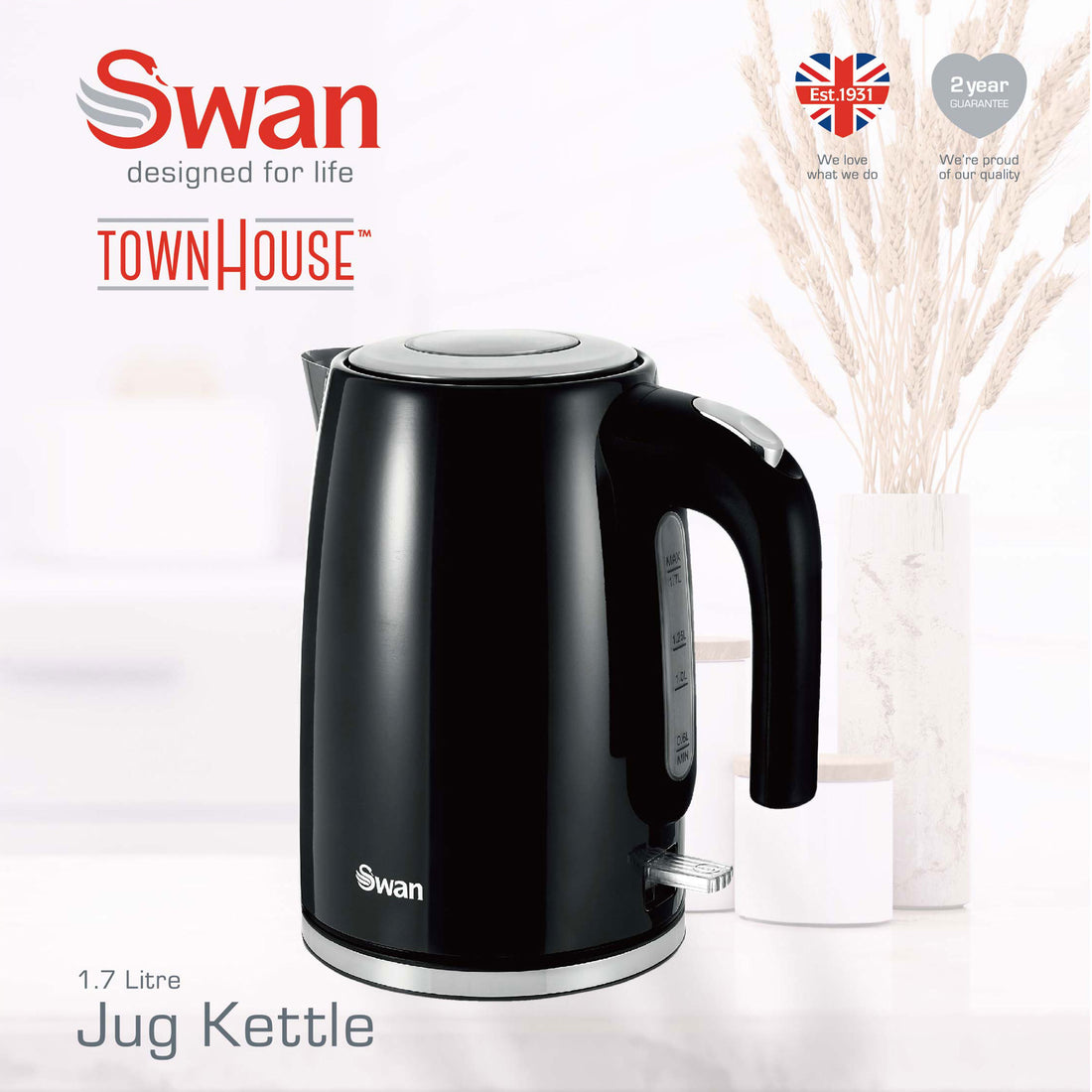 Swan Townhouse Stainless Steel Black 1,7 Litre Jug Kettle