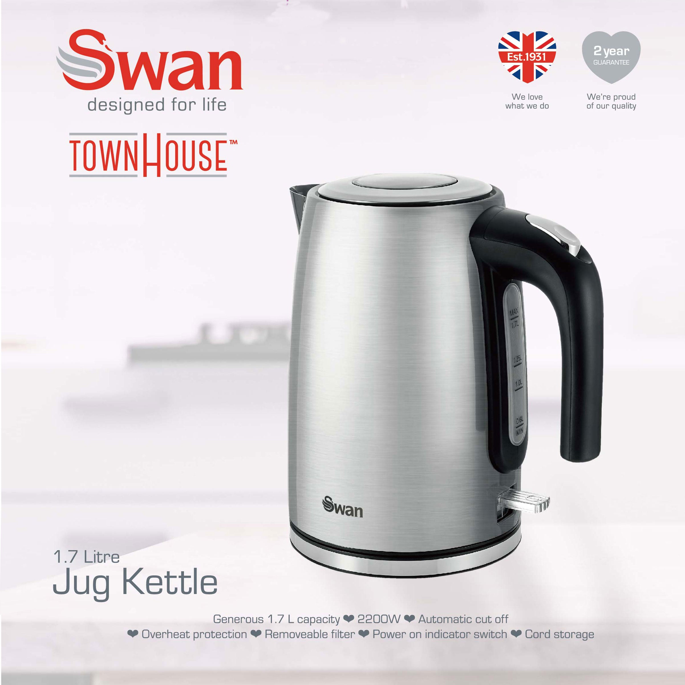 Swan Townhouse Stainless Steel Silver 1,7 Litre Jug Kettle