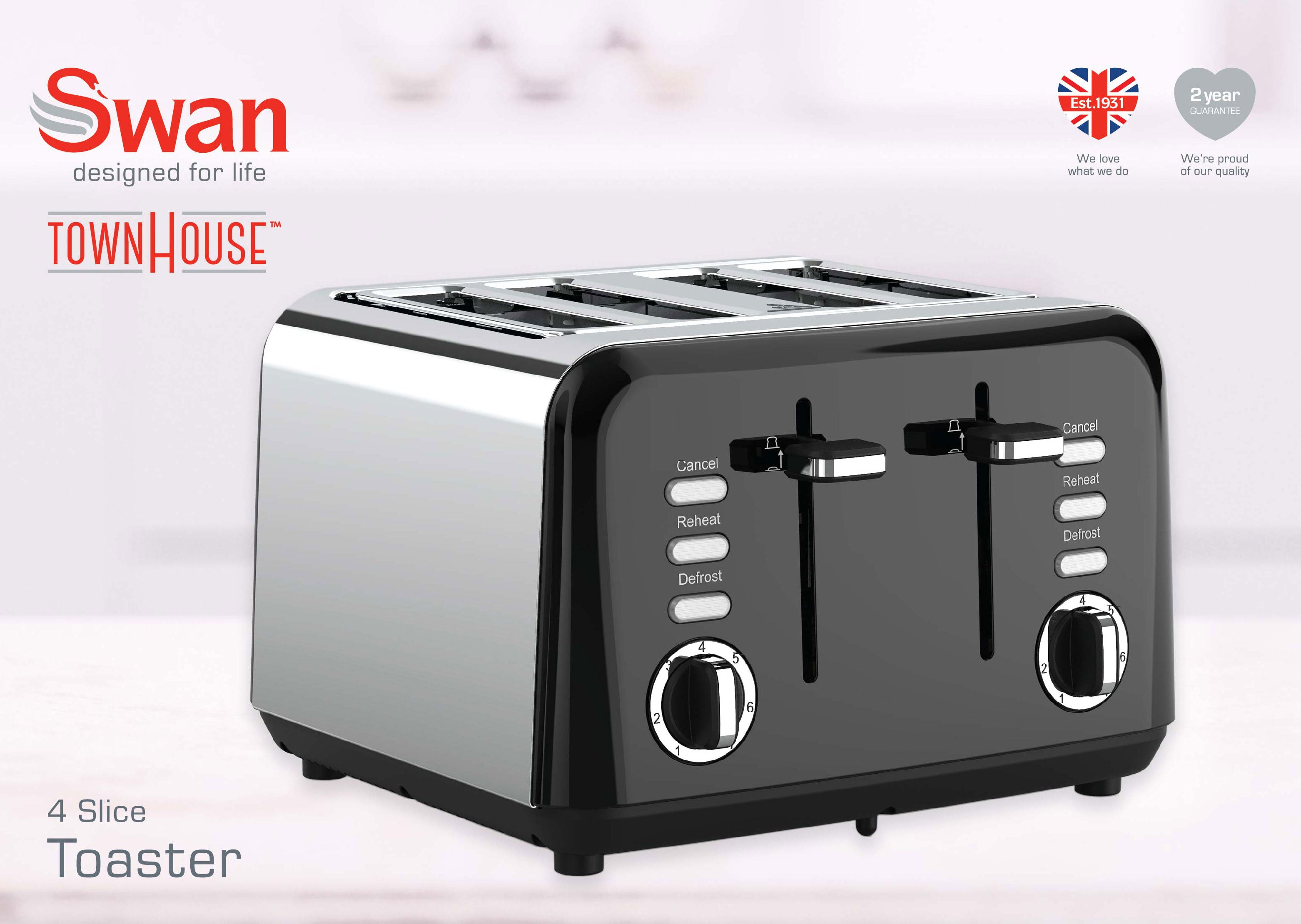 Swan Townhouse Stainless Steel Black 4 Slice Toaster