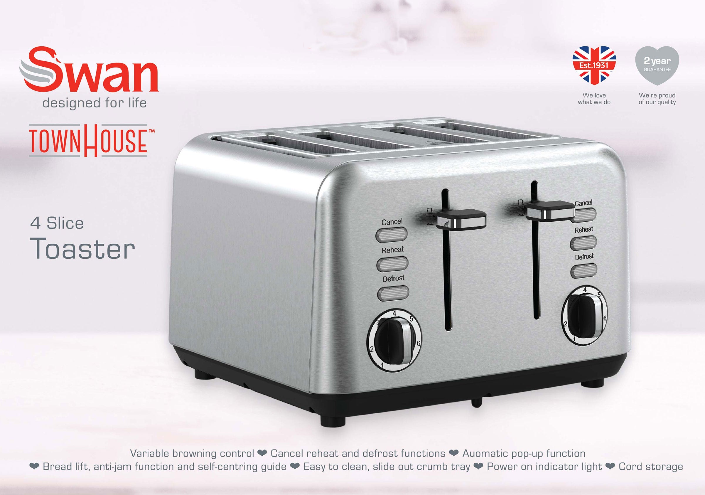 Swan Townhouse Stainless Steel Silver 4 Slice Toaster