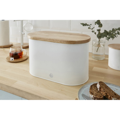 Swan Oval Bread Bin with Bamboo Cutting Board Lid - White