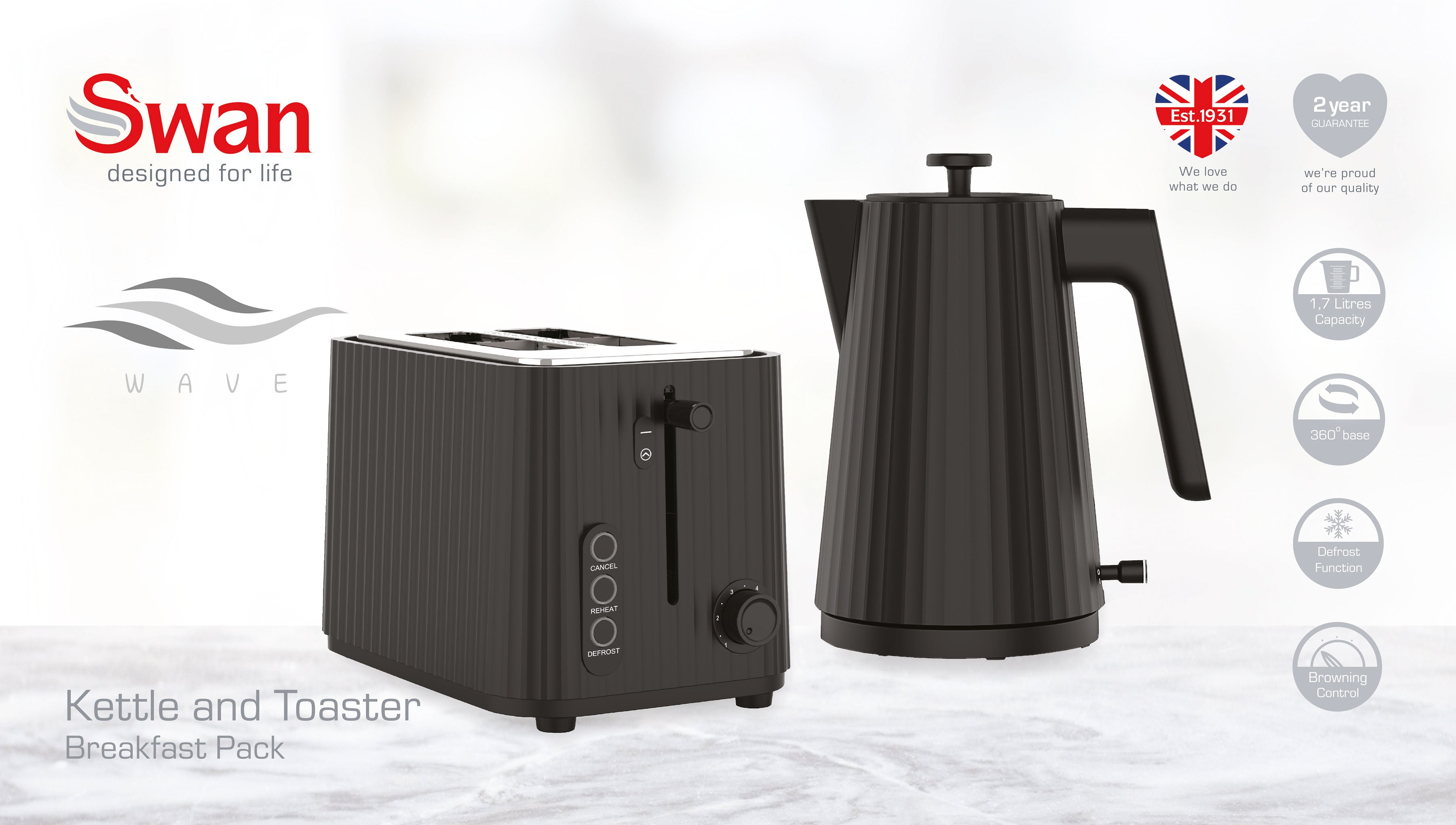 Swan Wave 1,7 Litre Cordless Kettle and 2 Slice Toaster Breakfast Pack Black