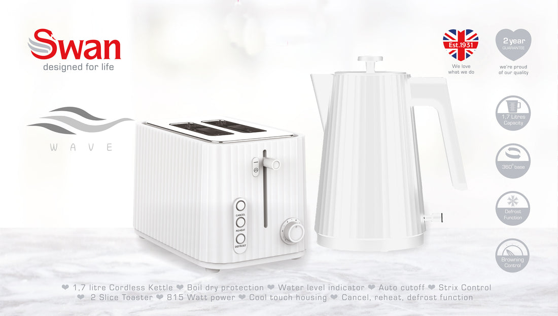 Swan Wave 1,7 Litre Cordless Kettle and 2 Slice Toaster Breakfast Pack White