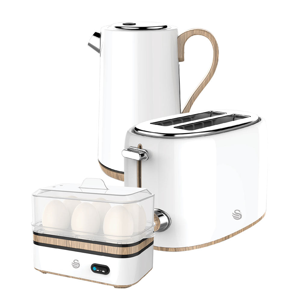 White Cordless Kettle & 2 Slice Toaster & Egg Boiler Breakfast Pack