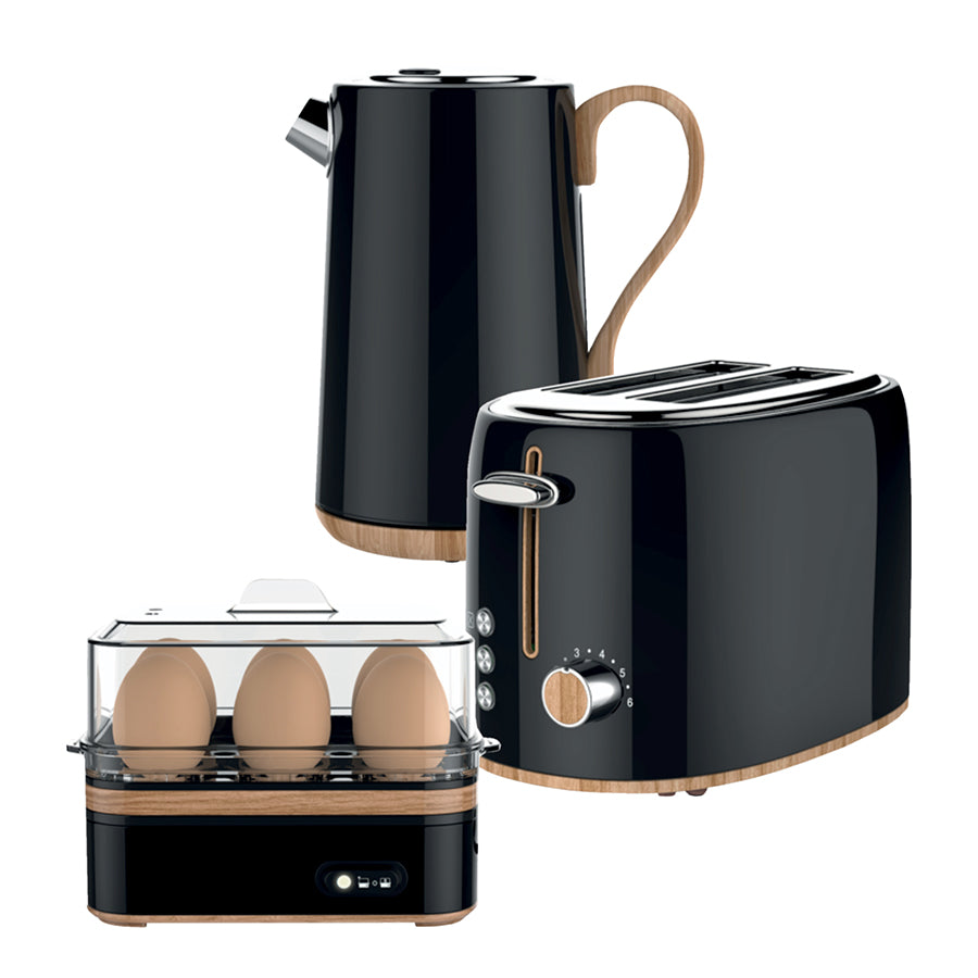Black Cordless Kettle & 2 Slice Toaster & Egg Boiler Breakfast Pack
